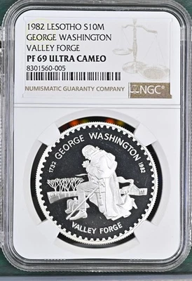1982 LESOTHO SILVER 10 MALOTI WASHINGTON VALLEY FORGE NGC PF 69 ULTRA CAMEO - Image 1 of 2