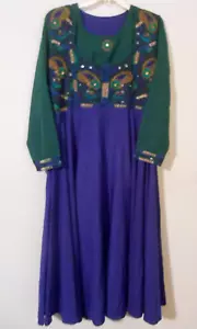 HANDMADE INDIAN DRESS COBALT GREEN EMBROIDERY CIRCLE SKIRT MID TO LONG MEASURED - Picture 1 of 8