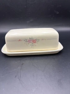 Pfaltzgraff Trousseau Butter Dish Beige Rose 7"x3"x3" Floral Light Blue Edge - Picture 1 of 7