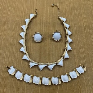 Seltene Vintage Krone Trifari Gold/Weiß Halskette, Armband und Ohrringe Set - Bild 1 von 12