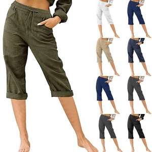 Womens Cotton Linen Baggy Harem Pants Summer Casual Trousers Cropped Pants - Picture 1 of 37