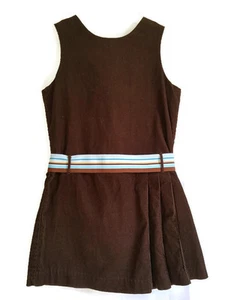 Chabre Jumper Dress Girls 5 Sleeveless Brown Corduroy Blue Striped Ribbon Belt - Picture 1 of 6
