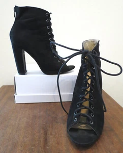 Charlotte Russe 8 Black Suede Bootie Corset Front Lace-Up Rear Zip Heels - Picture 1 of 9