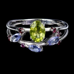 925 Sterling Silver Ring Oval Peridot 7x5mm Tanzanite Gemstone Jewelry Size 8 - Picture 1 of 14