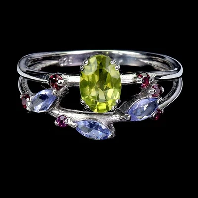 925 Sterling Silver Ring Oval Peridot 7x5mm Tanzanite Gemstone Jewelry Size 8 - Image 1 of 4