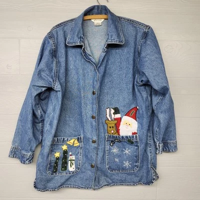 Camisa Denim Navidad Impresiones Naturales Manga Larga Muñeco de Nieve Árbol Algodón Talla M Foto 1 de 4