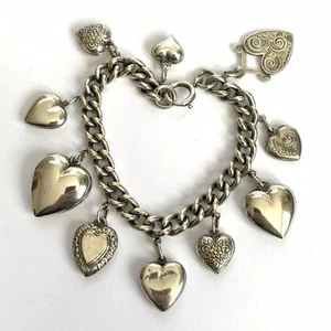 Sterling Silber Bettelarmband Puffy Herzen Panzerkette Vintage 8" 20cm 44g - Bild 1 von 17