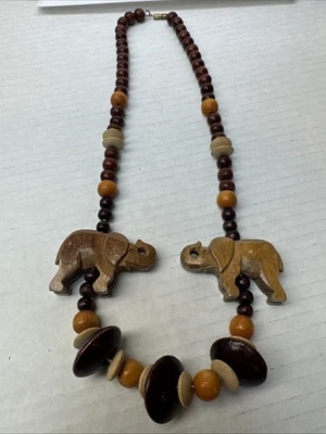 野生动物园天然木质面向大象项链非洲部落串珠吊坠 — 第 1/4 张图片