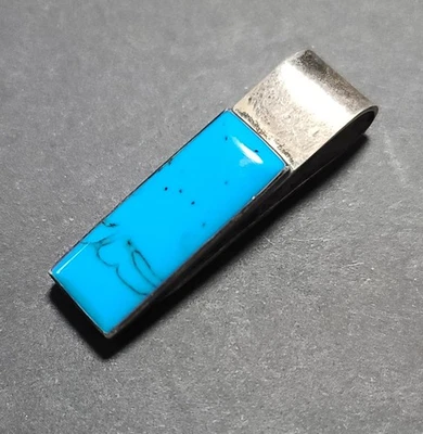 Vintage Sterling Silver & Bright Blue Turquoise Gemstone Money Clip Mexico - Image 1 of 4