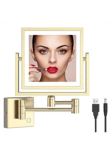 8" Square Wall Mount Makeup Mirror with Lights and Magnification, 1X/3X Doubl... - Picture 1 of 7