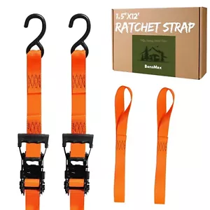 Motorcycle ATV UTV Tie Down Straps, 1.5"x12' Ratchet Straps with Soft Loops - Picture 1 of 7