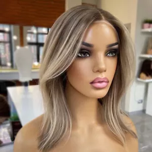 Highlight Ascheblond Bob Spitze vorne Echthaar Perücken transparent braun Wurzeln Remy - Bild 1 von 8