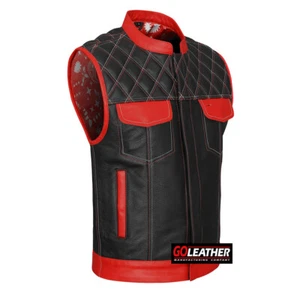 BIKER CLUB VEST BRUTAL RED ACCENTS LEATHER COWHIDE VEST - Picture 1 of 9
