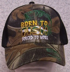 Embroidered Baseball Cap Fishing Born to Fish NEW Cammie & Black 1 size fits all - Picture 1 of 2