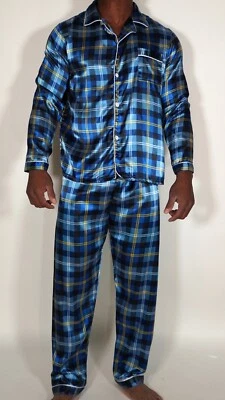 MEN'S 2 PIECE SATIN BLUE PLAID LOUNGE PAJAMA SET (LARGE) - Image 1 of 4
