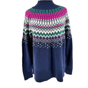 NEW Crown & Ivy Sweater Medium Fair Isle Blue Pink Mock Preppy Classic Winter - Picture 1 of 8