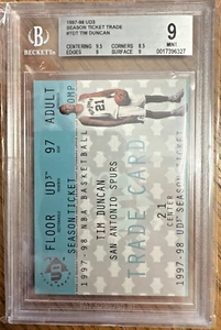 TIM DUNCAN BGS 9 1997-98 UPPER DECK UD3 TDT SEASON TICKET TRADE ROOKIE RC POP 5 - Picture 1 of 3