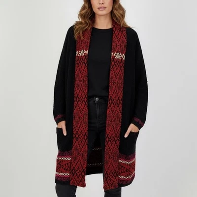 Cárdigan Suéter Lucky Brand Azteca Textura Chenilla Negro Rojo Tejido Boho Mediano Foto 1 de 4
