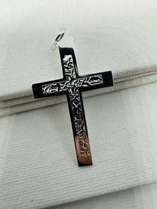 925 Sterling Silver Textured Engraved Large Cross Pendant New Gift Box - Picture 1 of 11