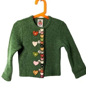 Vintage Original Lanz Salzberg Wien Childs Green Wool Cardigan Hearts Size 4 - Picture 1 of 9