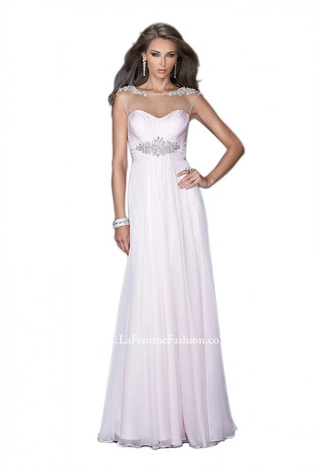 G1693 LA FEMME 19977 WHITE SZ 8 BEADED ILLUSION $498 FORMAL PROM  DRESS GOWN NWT - Image 1 of 4