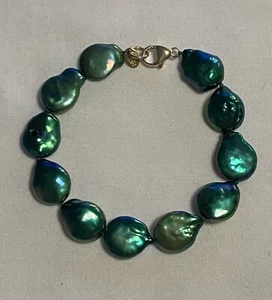 Sterling Silver 925 Clasp & Deep Teal Peacock Coin Pearl 7 3/4” Bracelet - Picture 1 of 6