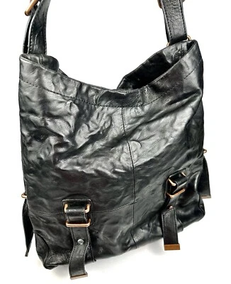 Bolso de Hombro Bcbgmaxazria Negro Esmaltado Arrugas Cuero Hobo Cartera Foto 1 de 4