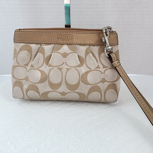 Borsa Coach da polso firmata oro beige tessuto e pelle interno raso blu