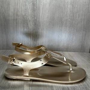 MICHAEL KORS Jelly Thong Sandals Womens 7 Slingback MK logo Plate PVC LG19J Gold - Picture 1 of 10