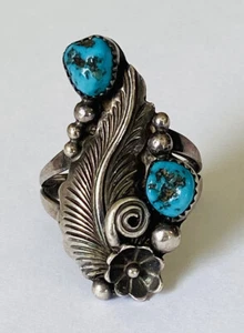 ANILLO NAVAJO VINTAGE PLATA ESTERLINA TURQUESA FLOR DE CALABAZA PLUMA TALLA 8 LARGO - Imagen 1 de 14