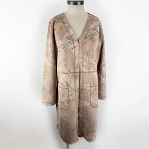 Cardigan solitario spolverino giacca donna grande ecopelle scamosciata beige floreale autunno - Foto 1 di 16