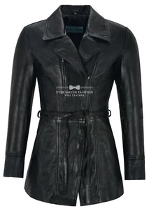 Trench coat de cuero real marrón de longitud media chaqueta de cuero clásica SARINA para damas - Imagen 1 de 6