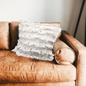 satTva BOHO Cotton Cushion Cover | Decorative Cream Beige Fringes | 45cm Square - Picture 1 of 7