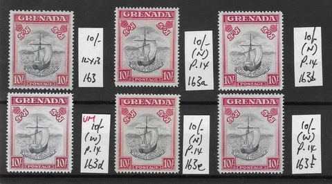 GRENADA 1938-50. 10/- x 6 DIFFERENT TYPES. SG163,163a,163b,163d,163e,163f.(7063) Cover