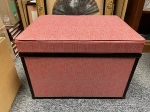 Vintage MCM Hassock Chest Footstool Ottoman Hamper Storage Red Silver Crosshatch - Picture 1 of 12