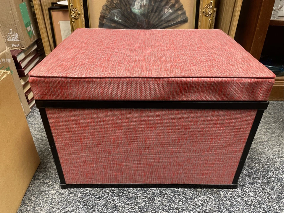 Vintage MCM Hassock Chest Footstool Ottoman Hamper Storage Red Silver Crosshatch - Image 1 of 4