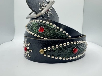 Cinturón Premium de Cuero Suave Negro de Piel Completa con Cuero Verde Serpiente - Talla 34 Foto 1 de 4