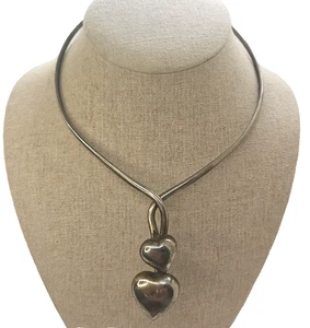 Vintage brass choker puffy two hearts collar necklace - Picture 1 of 3