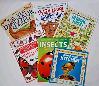 Lot of 6 Usborne Workbooks School Science French Nature Dinosaurs Mazes - Imagem 1 de 4