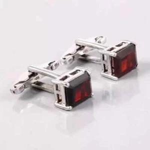3CT Emerald Cut Lab Created Red Garnet Men's Cufflinks 14k White Gold Plated - Picture 1 of 3