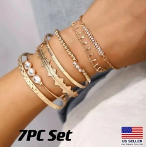 Women 7PC Set Bohemian Jewelry Wrist Bracelets Retro Crystal Tassel Beads 0485 - Picture 1 of 5