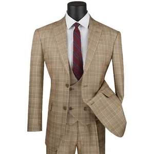 Traje BIG & TALL Para Hombre Beige Piel de Tiburón Glen Cuadros 3 piezas Ajuste Clásico Nuevo con Etiquetas - Imagen 1 de 3