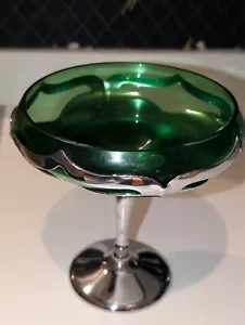 Vtg chrome Candy Compote Dish Pedestal Green Farber Bros NYC Glass - Picture 1 of 4