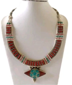 Collana Vintage Tibetano Nepalese Turchese, Corallo - Foto 1 di 6
