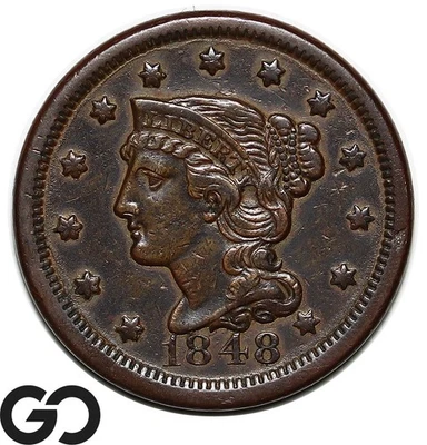 1848 Large Cent, Braided Hair, Tough XF Early Date Copper - Image 1 of 3