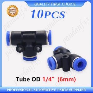 10 Pneumatic Push-In Tee Unions, Air-Use Connectors for OD 6mm / 1/4" Tube Hose - Picture 1 of 8