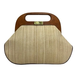 Vintage 60s 70s ETIENNE AIGNER Linen Leather Handbag Clutch Bag Wood Top Handle - Picture 1 of 21