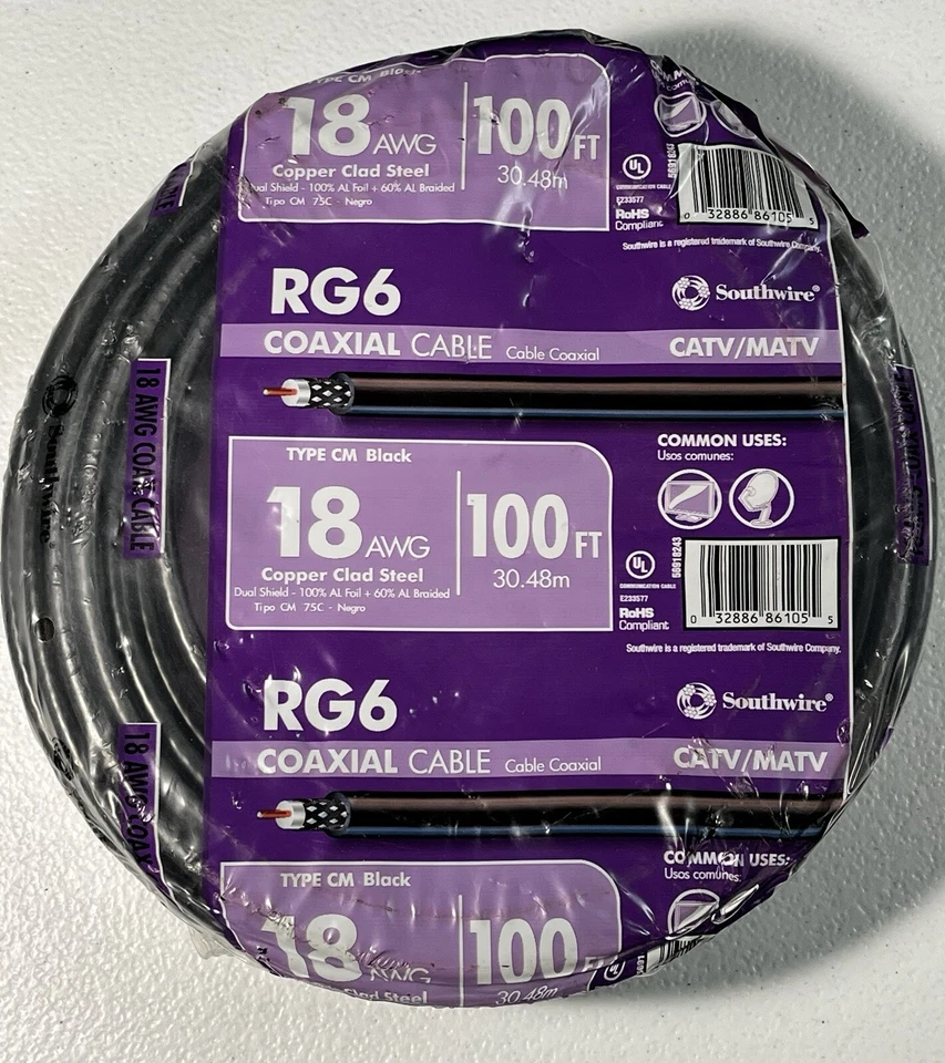 Bobina de cable coaxial Southwire RG6-Quad Shield 18 AWG negro 100 pies Foto 1 de 1