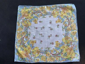 Vintage Blue and Yellow Floral Print Hankie Handkerchief - Picture 1 of 3