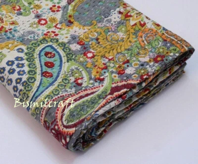 Colcha reversible Kantha edredón algodón 60X90" tamaño doble hecha a mano D4 Foto 1 de 4